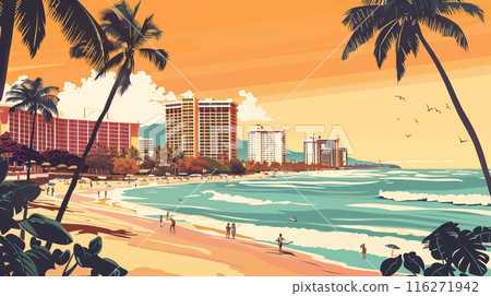 以向量風格描繪美國夏威夷威基基海灘清晨風景的插畫，充滿復古氣息。 116271942