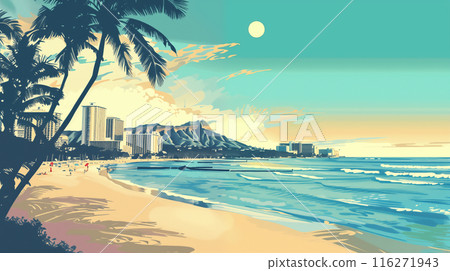 以向量風格描繪美國夏威夷威基基海灘清晨風景的插畫,充滿復古氣息。 以向量風格描繪美國夏威夷威基基海灘清晨風景的插畫,充滿復古氣息。 116271943