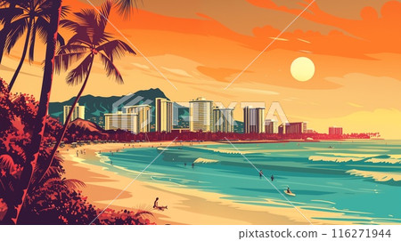 以向量風格描繪美國夏威夷威基基海灘清晨風景的插畫,充滿復古氣息。 以向量風格描繪美國夏威夷威基基海灘清晨風景的插畫,充滿復古氣息。 116271944