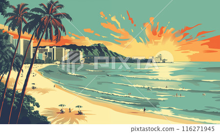 以向量風格描繪美國夏威夷威基基海灘清晨風景的插畫,充滿復古氣息。 以向量風格描繪美國夏威夷威基基海灘清晨風景的插畫,充滿復古氣息。 116271945