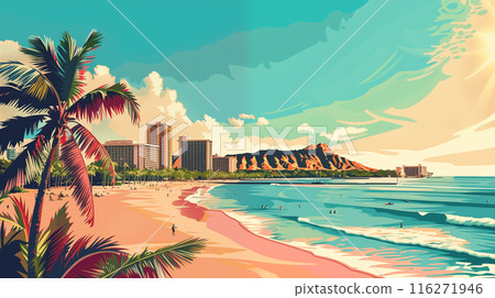 以向量風格描繪美國夏威夷威基基海灘清晨風景的插畫,充滿復古氣息。 以向量風格描繪美國夏威夷威基基海灘清晨風景的插畫,充滿復古氣息。 116271946