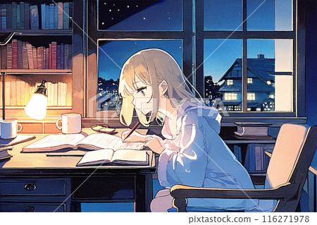 夜空下坐在書桌前的女孩的學習場景 116271978