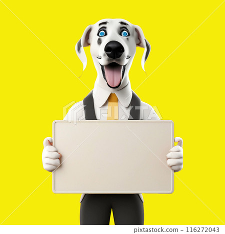 A dog stands with its mouth open, holding a plain flip board, against a yellow background. AI image A dog stands with its mouth open, holding a plain flip board, against a yellow background. AI image 116272043