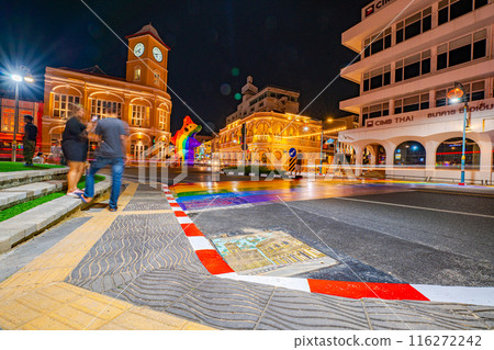 A sign with the symbol of Phuket Clock Tower is posted on the road. A sign with the symbol of Phuket Clock Tower is posted on the road. 116272242