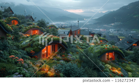 Eco-Friendly Modern Hillside Village with Green Roofs and Wind Turbines 116272347