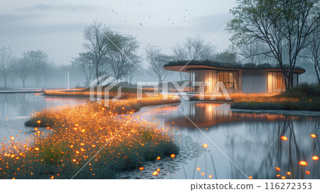 Sustainable Modern House with Lit Pathway and Serene Natural Environment 116272353