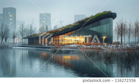 Modern Eco-Friendly Building with Green Roof and Urban Landscape 116272356