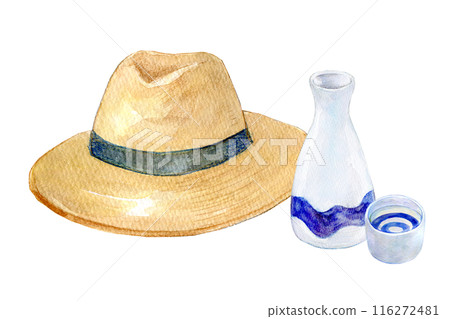 Watercolor illustration: Straw hat and cold sake 116272481