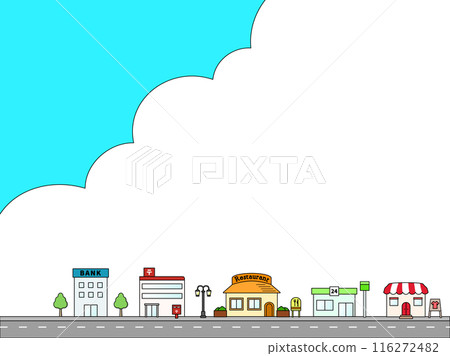 Illustration of blue sky, clouds and cute shops 116272482