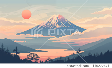 向量風格的插圖描繪了日本聖山富士山的清晨場景，營造出復古的氛圍。 116272671