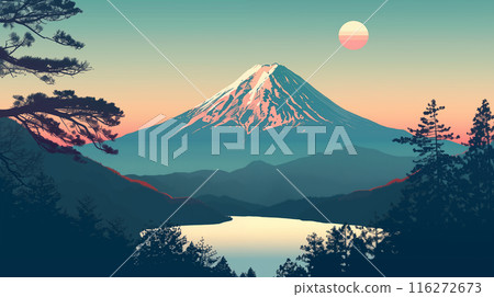 向量風格的插圖描繪了日本聖山富士山的清晨場景，營造出復古的氛圍。 116272673