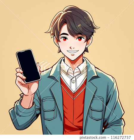 拿著黃色背景智慧型手機的男人。面向前方。 116272737