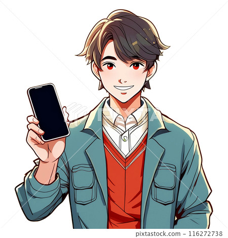 一個男人面對著他的智慧型手機並向我展示。白色背景 116272738