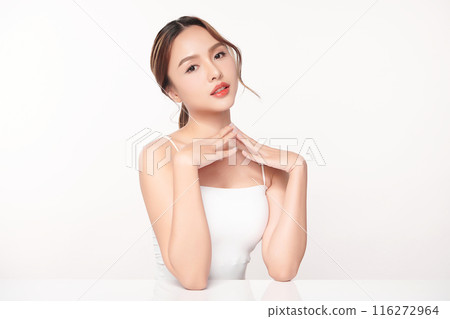 Beautiful young asian woman with clean fresh skin on white background, Face care, Facial treatment, Cosmetology, beauty and spa, Asian women portrait. 116272964