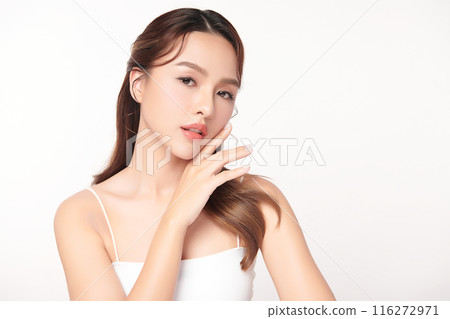 Beautiful young asian woman with clean fresh skin on white background, Face care, Facial treatment, Cosmetology, beauty and spa, Asian women portrait. Beautiful young asian woman with clean fresh skin on white background, Face care, Facial treatment, Cosmetology, beauty and spa, Asian women portrait. 116272971