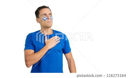Man listening to the Scotland national anthem with solemnity Man listening to the Scotland national anthem with solemnity 116273164