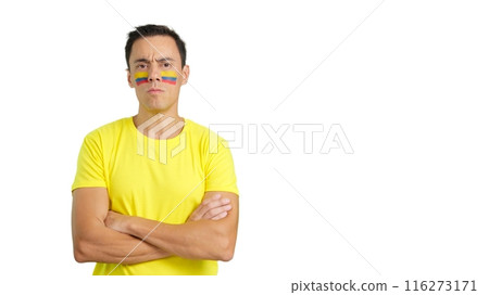 Dignified and serious man with colombian flag painted on face Dignified and serious man with colombian flag painted on face 116273171