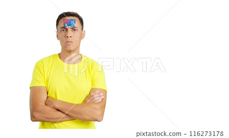 Dignified and serious man with australian flag painted on face 116273178