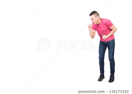 Sick man coughing with closed eyes. White background 116273202