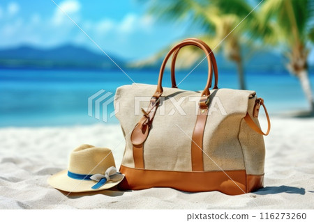 Summer Bag On Tropical Sand, Accessories Hat Towel With Leaves Palm And Blue Sea 116273260