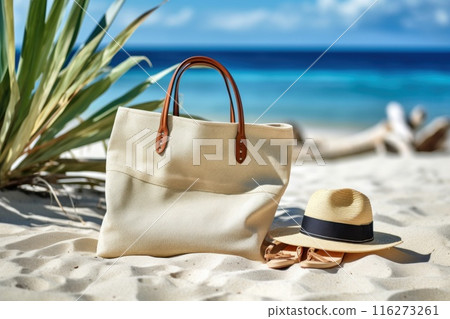Summer Bag On Tropical Sand, Accessories Hat Towel With Leaves Palm And Blue Sea 116273261