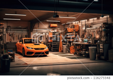 Photo of car garage complete with workshop equipment Photo of car garage complete with workshop equipment 116273348