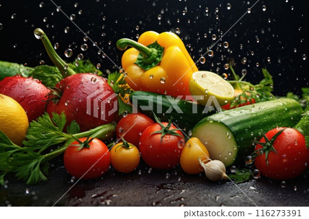 Photo of various vegetables with water splashes 116273391