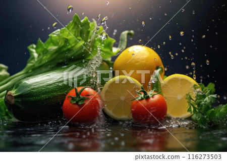 Photo of various vegetables with water splashes Photo of various vegetables with water splashes 116273503