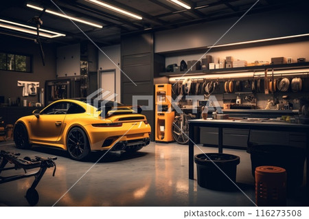 Photo of car garage complete with workshop equipment Photo of car garage complete with workshop equipment 116273508