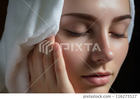 Closeup portrait of a woman clean face with perfect skin Closeup portrait of a woman clean face with perfect skin 116273527