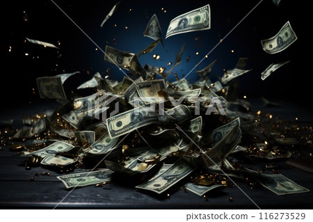 dollar bills falling with darkness background, money rain concept 116273529
