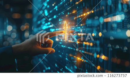 Business Person Showing Growth Arrow on Screen in Modern Office, Digital Transformation in Financial Data 116273737