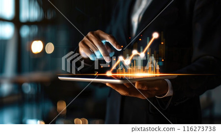 Illuminating Digital Transformation, Business Professional Holding Glowing Arrow and Data Charts on Tablet in Office Setting 116273738