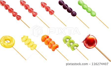 Vector Various fruit candies: Strawberry candy, Grape candy, Pineapple candy, Orange candy, Kiwi candy, Apple candy 116274407