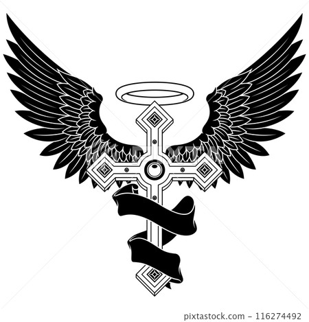 Winged Christian cross with ribbon 116274492
