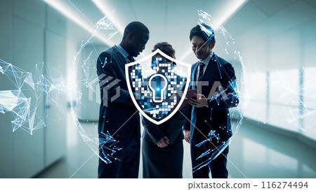 Multinational group talking in the office and security image 116274494