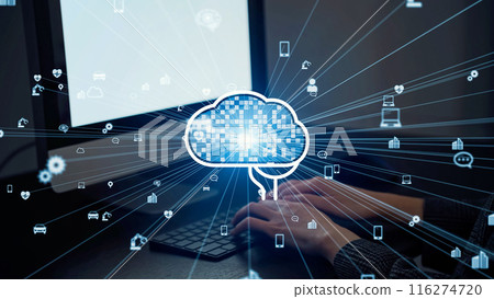 A woman using a computer and an AI image 116274720