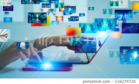 A woman using a smartphone and a computer and a video network A woman using a smartphone and a computer and a video network 116274726