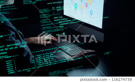 Programming image with a woman using a computer in a dark room 116274739