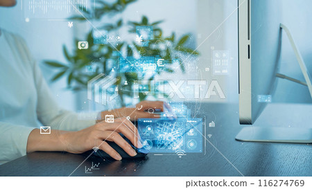 A woman using a personal computer and a network image A woman using a personal computer and a network image 116274769