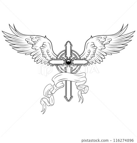 Winged Christian cross with ribbon 116274896