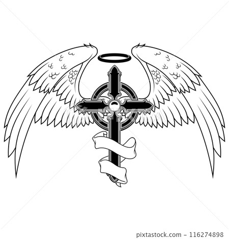 Winged Christian cross with ribbon Winged Christian cross with ribbon 116274898