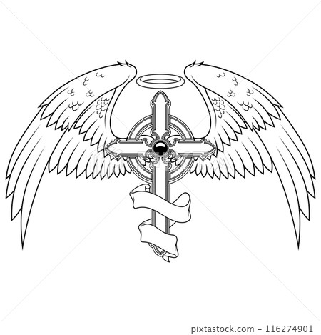 Winged Christian cross with ribbon Winged Christian cross with ribbon 116274901