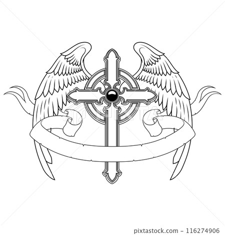 Winged Christian cross with ribbon 116274906