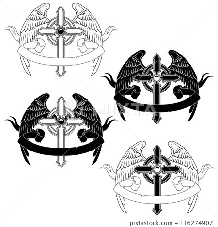 Winged Christian cross with ribbon 116274907