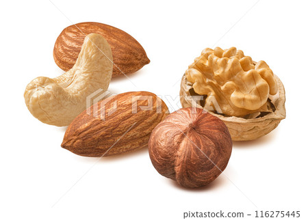 Cashew, almond, hazelnut and walnut nut in shell isolated on white background Cashew, almond, hazelnut and walnut nut in shell isolated on white background 116275445