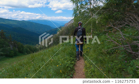 A man with a trekking pole ascends a mountain trail under a blue sky dotted with clouds. A man with a trekking pole ascends a mountain trail under a blue sky dotted with clouds. 116275755