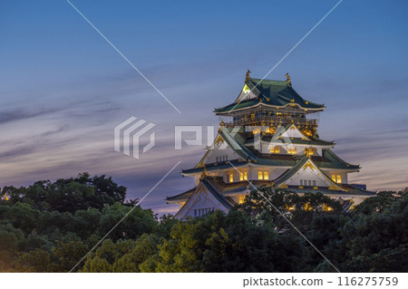 Twilight sky and Osaka Castle tower illuminated 116275759