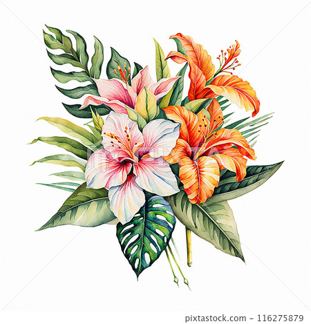 Watercolor style, tropical flower bouquet element isolated on white background. Hand drawn plants for the design of cards, bouquets, textiles 116275879