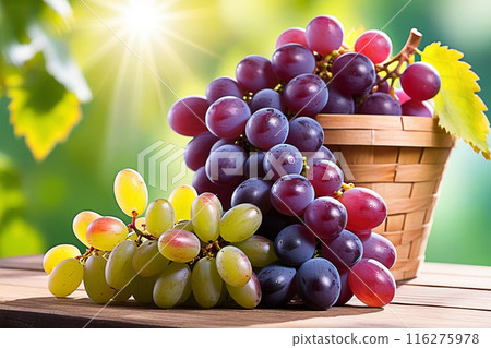 Red grapes on wooden table, Red grapes with sunlight, sweet Red grapes on wood background. Red grapes on wooden table, Red grapes with sunlight, sweet Red grapes on wood background. 116275978